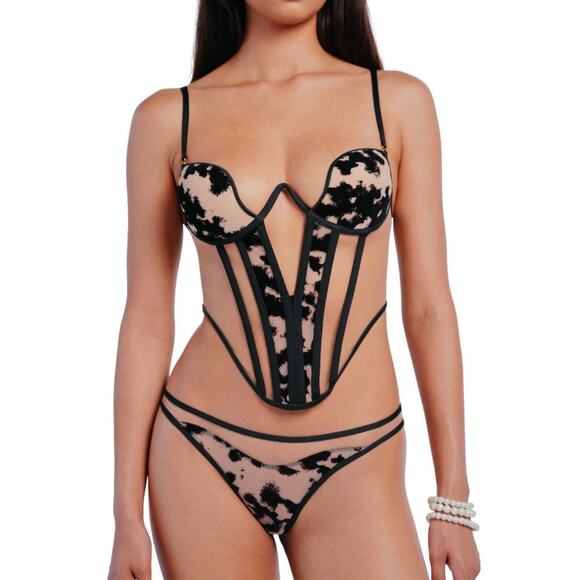 Perilla Other - NEW Perilla Harlow One Corset Lingerie Black Flocked Velvet Mesh 32D Luxe Sexy